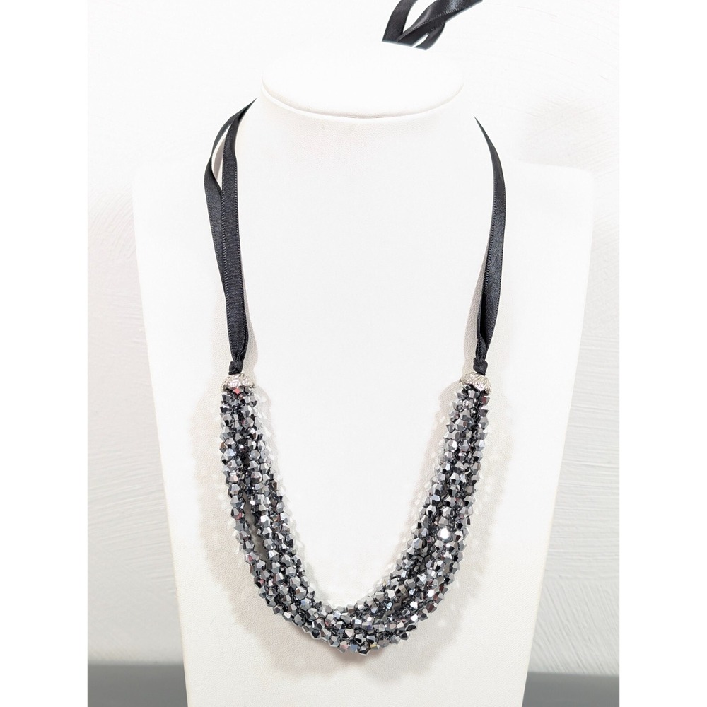Gray Glass Faceted Bead Multi Strand‎ Double Ribbon Tie Back Statement Necklace